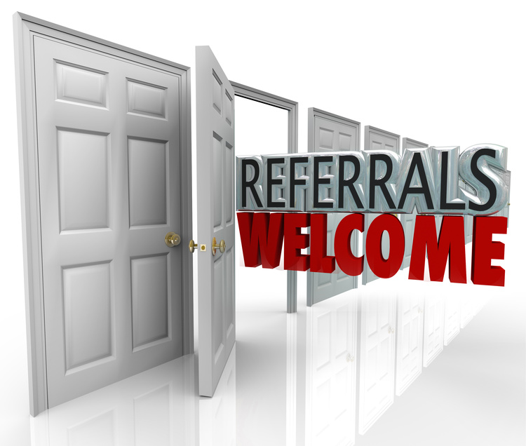 The words Referrals Welcome coming out an open door to encourage customers to refer friends and family to your business