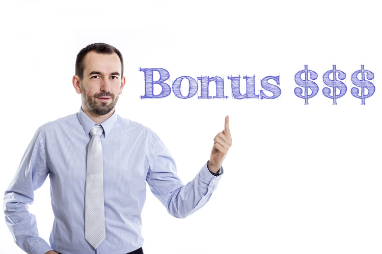 Bonus $$$ - Young businessman with small beard pointing up in blue shirt
